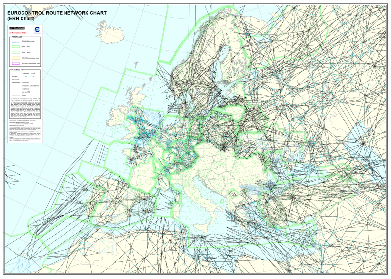 Simplified map of the European air route network showing major routes and nodes