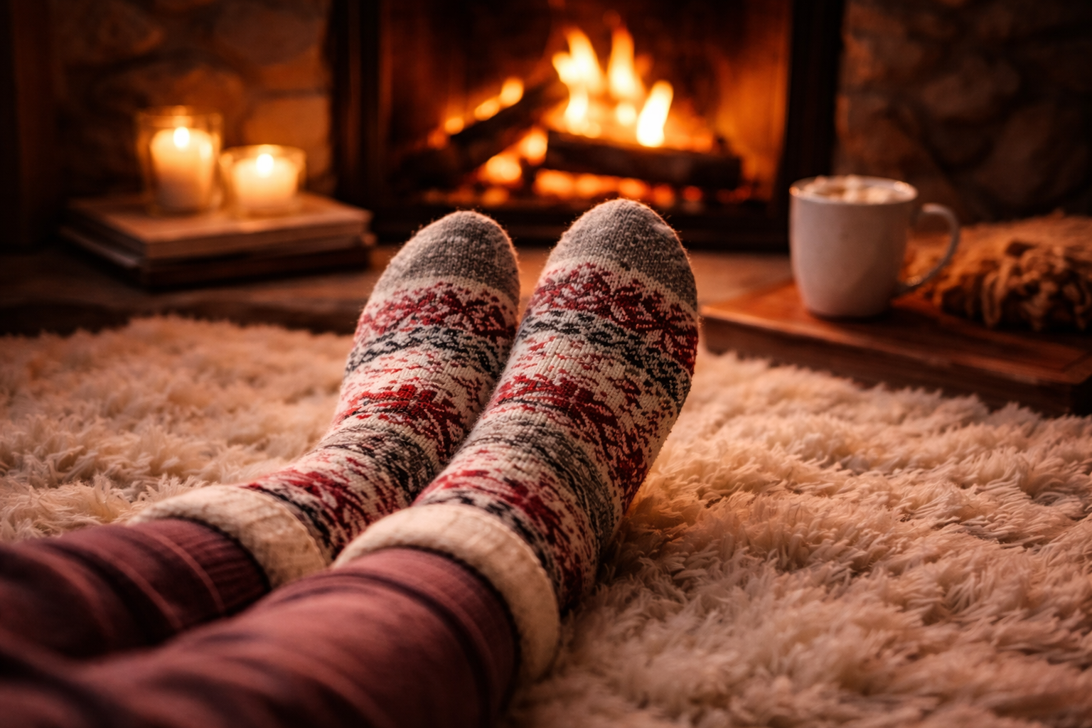 Illustration of a person in Christmas socks sitting by a fireplace.